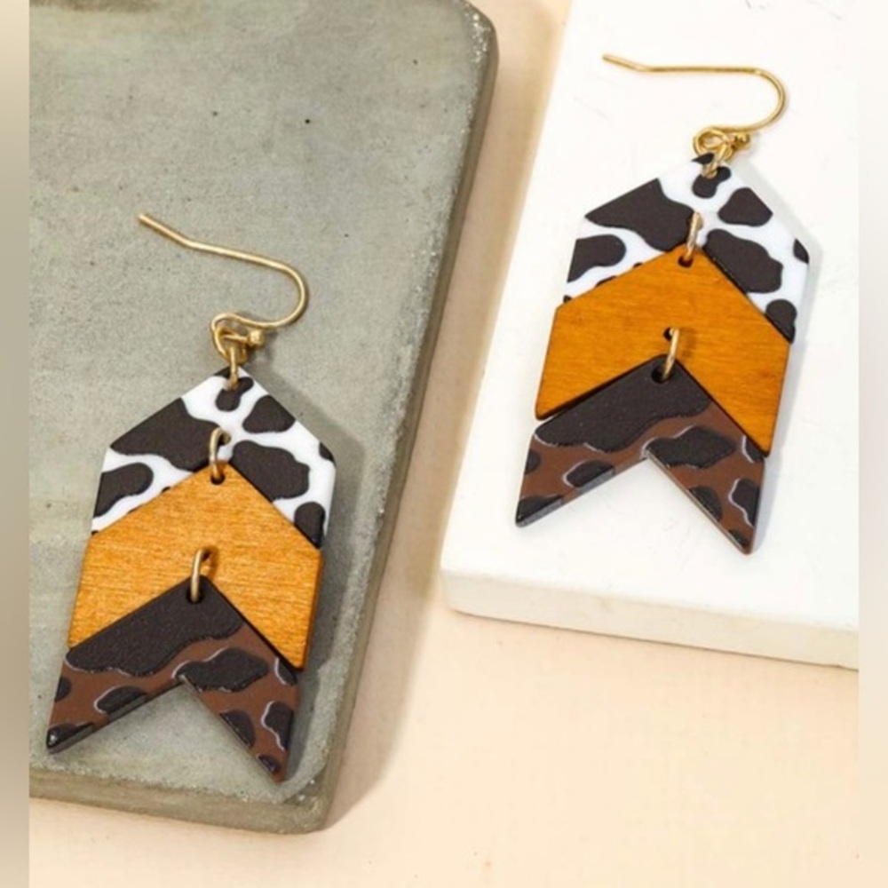 Cow print chevron wood earrings